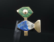 Artisan 18k Yellow Gold Abstract Lapis Bird Pin Modernist Brooch 1.5" OG381