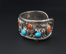 Signed Squash Blossom Sterling Silver Turquoise Coral Cuff Bracelet 7" BS2849