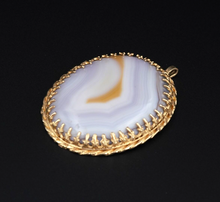 Vintage 14k Yellow Gold Blue Veiled Agate Slab Statement Pendant 2" PG1621