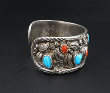 Signed Squash Blossom Sterling Silver Turquoise Coral Cuff Bracelet 7" BS2849