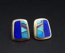 14k Yellow Gold Opal Turquoise Lapis Sugilite Inlay Stud Earrings 2/3" EG2360