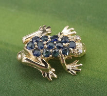 Frog Lapel Pin 14k Sapphire Diamond Brooch 3D Yellow Gold 0.6" OG453
