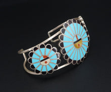 Zuni Sunface Cuff Bracelet Sterling Turquoise Inlay Adrian Wallace 7.25" BS2829