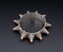 Rare Antique Rajisthan Tribal Spiked Silver Bangle Bracelet 7" Red Coral BS2961