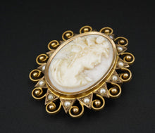 Vintage 9k Gold Cameo Brooch Carved Shell Seed Pearl Bead 1.4" OG458