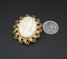 Vintage 9k Gold Cameo Brooch Carved Shell Seed Pearl Bead 1.4" OG458