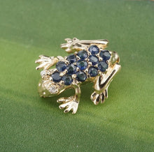 Frog Lapel Pin 14k Sapphire Diamond Brooch 3D Yellow Gold 0.6" OG453