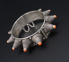 Rare Antique Rajisthan Tribal Spiked Silver Bangle Bracelet 7" Red Coral BS2961