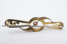 Vintage 9k Art Nouveau Pin Brooch Yellow Gold Tourmaline Seed Pearl 1.8" OG490