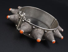 Rare Antique Rajisthan Tribal Spiked Silver Bangle Bracelet 7" Red Coral BS2961