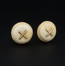 Sterling Silver Vermeil Button Earrings Carved Statement Designer KY ES2386