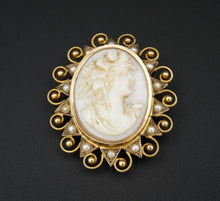 Vintage 9k Gold Cameo Brooch Carved Shell Seed Pearl Bead 1.4" OG458