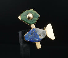 Artisan 18k Yellow Gold Abstract Lapis Bird Pin Modernist Brooch 1.5" OG381