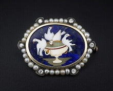 Antique 14k Pietra Dura Lapis Mosaic Pliny's Doves Diamond Pearl Brooch OG393