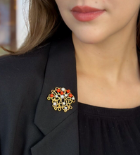 18k Red Coral Pearl Floral Brooch Yellow Gold Abstract Textured Sweden OG470