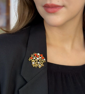 18k Red Coral Pearl Floral Brooch Yellow Gold Abstract Textured Sweden OG470