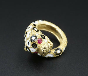 Gioconda Enamel Leopard Ring Cat Bypass 18k Yellow Gold Size 5 RG3319