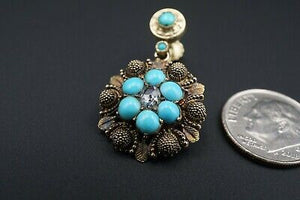 Antique 14k Yellow Gold Turquoise Rose Cut Diamond Ornate Dangle Earrings EG1598