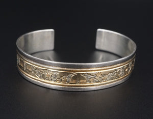 Vintage Sterling Silver 12k GF Cuff Bracelet Pueblo Scene 7" Signed BS2871