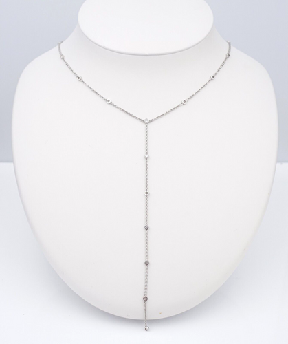 14k White Gold Diamond by the Yard Necklace Y Drop Lariat Pendant 16