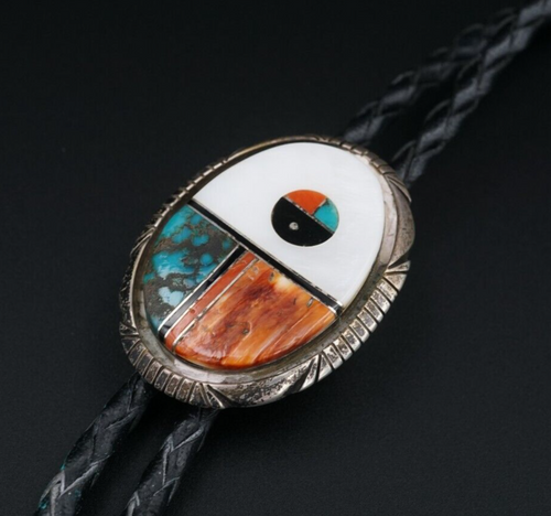 Zuni Sunface Inlay Bolo Tie Multi-Stone Sterling Silver 19