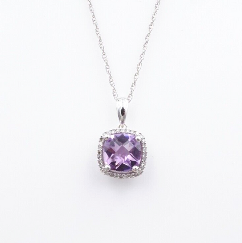 14k Amethyst Diamond Halo Necklace White Gold Pendan Cushion 18