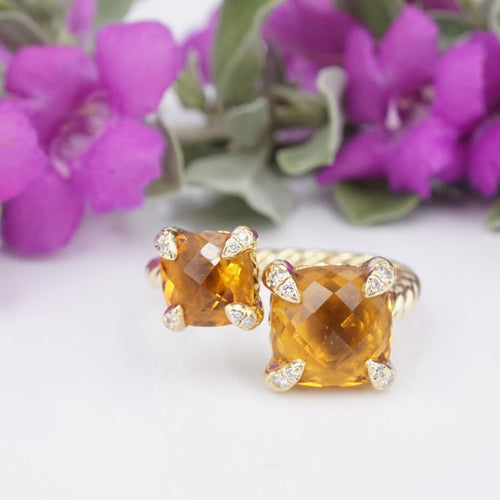 David Yurman Chatelaine Bypass Ring Diamond Citrine 18k Gold Size 7 RG4316