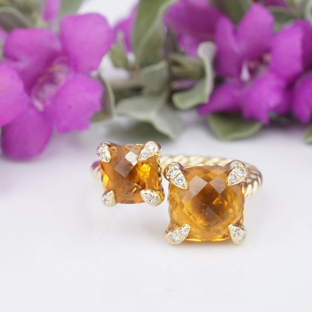 David Yurman Chatelaine Bypass Ring Diamond Citrine 18k Gold Size 7 RG4316