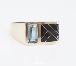 Kabana Inlay Signet Ring 14K Yellow Gold Onyx Blue Topaz Size 9 Designer RG4081