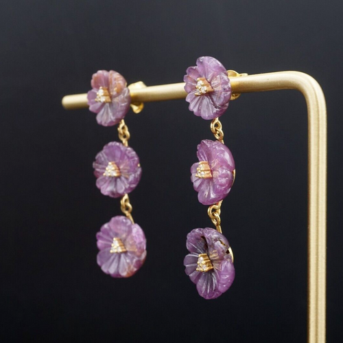 18k Gold Carved Sapphire Diamond Flower Dangle Earrings Purple 1.6