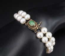 Vintage 14K Gold Double Strand Pearl Jade Cabochon Clasp Bracelet 8" 7mm BG796