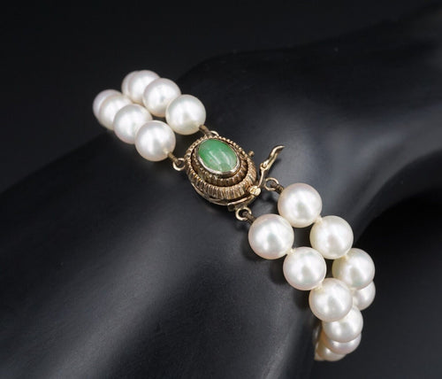 Vintage 14K Gold Double Strand Pearl Jade Cabochon Clasp Bracelet 8