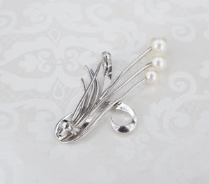 Vintage Mikimoto Pearl Spray Brooch Sterling Silver Ribbon Pin 1.8" OS647