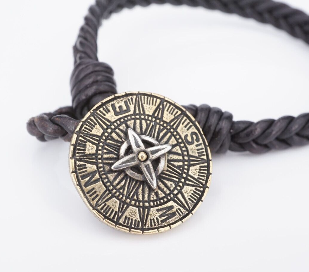 James Avery Leather Bronze Compass Silver Toggle Bracelet Retired 8.5