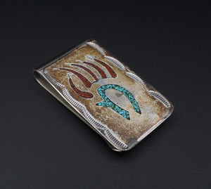 Vtg Turquoise Inlay Sterling Silver Money Clip Native American Signed HB M1881