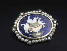 Antique 14k Pietra Dura Lapis Mosaic Pliny's Doves Diamond Pearl Brooch OG393