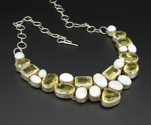 Chunky Sterling Silver Citrine Moonstone Bib Statement Necklace 24" NS2064