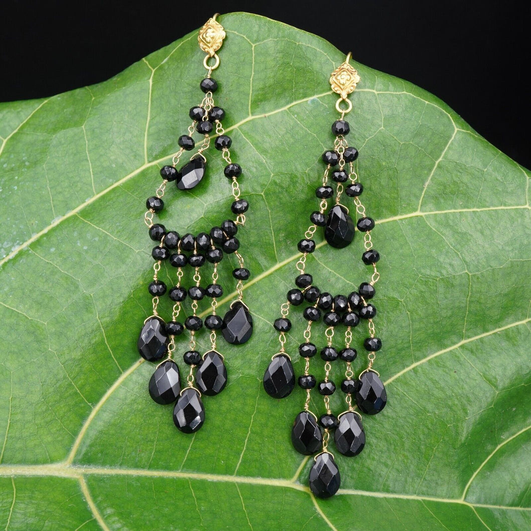 Luxe 18k Yellow Gold Onyx Chandelier Dangle Earrings 3.75