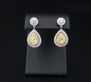 NEW EFFY 18k Gold 2.25ct Fancy Yellow Pear Diamond Halo Dangle Earrings 1" CO901