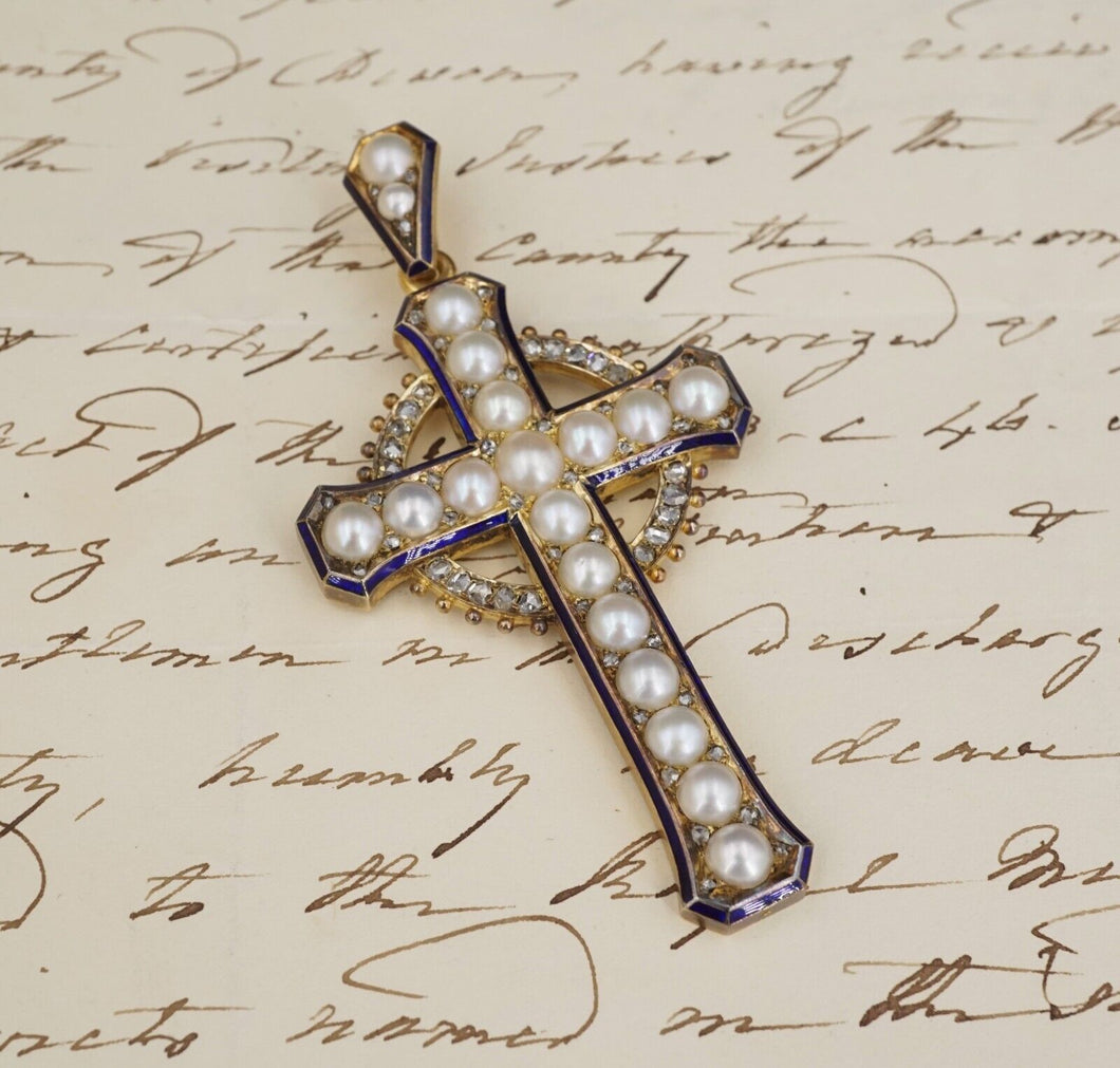 1870's Henry Tessier 18k Natural Pearl Diamond Enamel Cross Pendant w Box CO1032