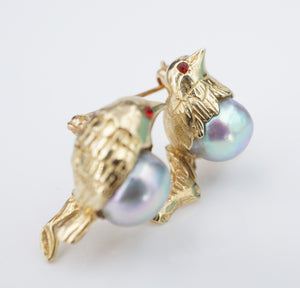 Vintage Love Birds Pin Brooch 14k Yellow Gold Baroque Pearl 3D 1" OG465
