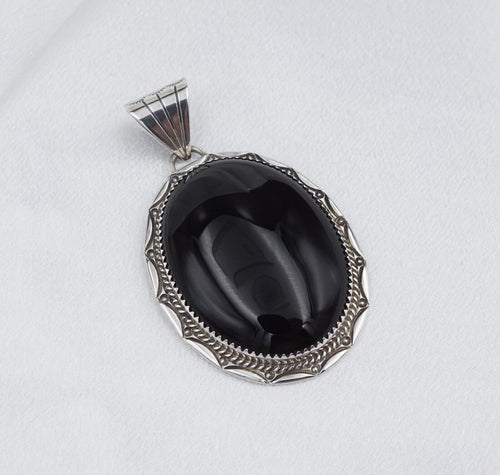 Navajo Yazzie Sterling Silver Pendant Black Onyx Cabochon 2.25
