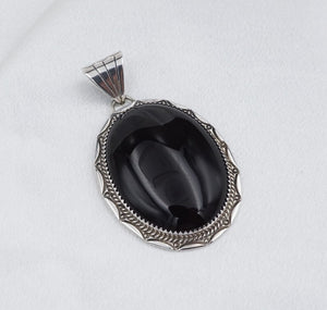 Navajo Yazzie Sterling Silver Pendant Black Onyx Cabochon 2.25" Vintage PS2121