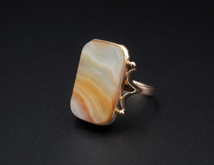 Unique Vintage Russian 14k Gold Veiled Agate Slab Statement Ring Sz 7.25 RG3582