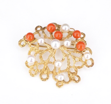 18k Red Coral Pearl Floral Brooch Yellow Gold Abstract Textured Sweden OG470