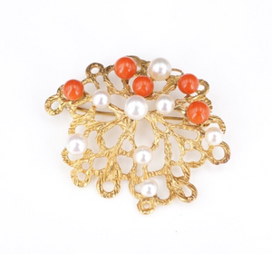 18k Red Coral Pearl Floral Brooch Yellow Gold Abstract Textured Sweden OG470