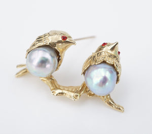 Vintage Love Birds Pin Brooch 14k Yellow Gold Baroque Pearl 3D 1" OG465