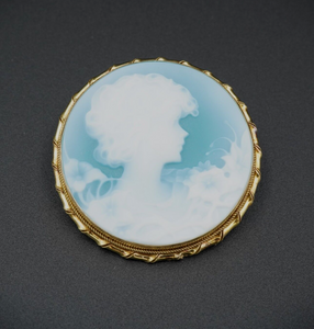 Vintage 18k Gold Cameo Pendant Brooch Carved Chalcedony Art Nouveau 1.3" OG452