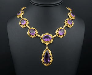 Antique Victorian Yellow Gold Amethyst Bib Necklace Earring Suite 16" NG1364