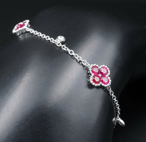 Ruby Diamond Station Bracelet Quatrefoil 18k White Gold 1.75ct 7